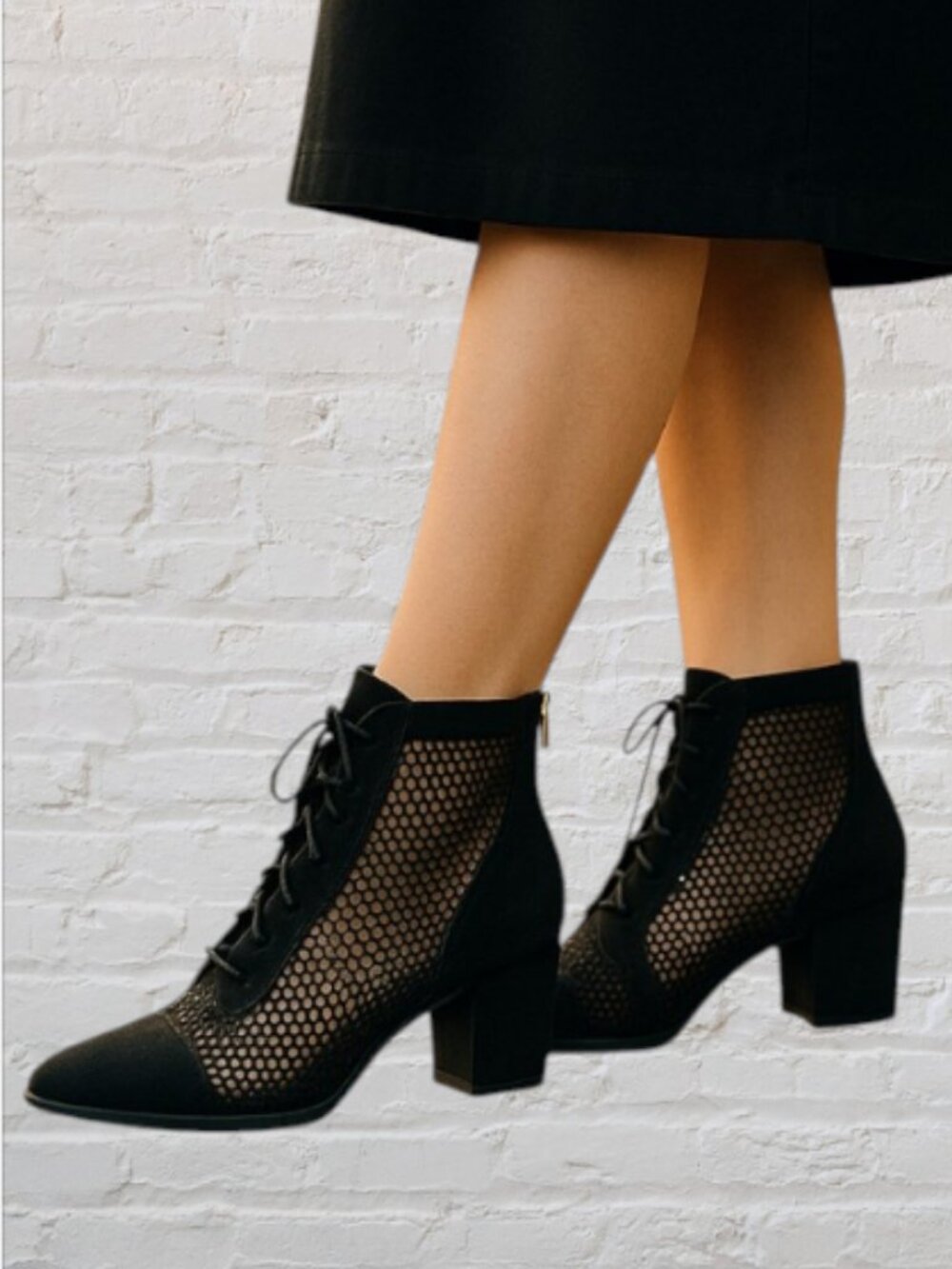 BAMBOO -- Ankle Boots, Black Mesh with Back Zip and Faux Lace Front